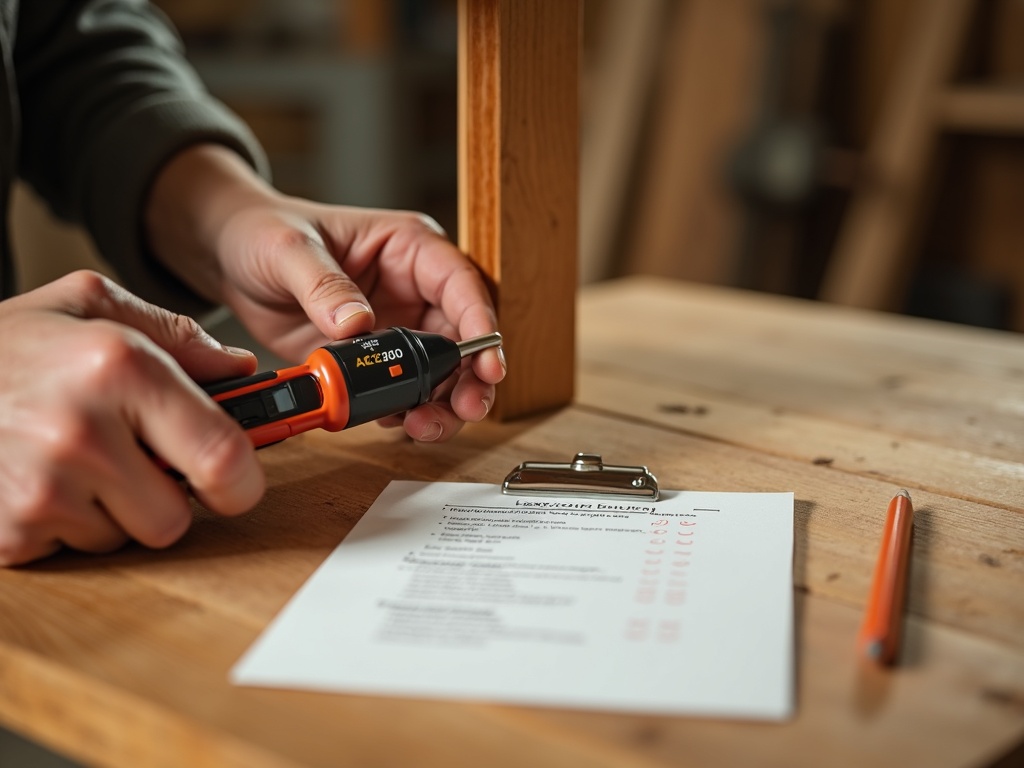 Wood moisture meter checking a furniture joint during pre-shipment inspection