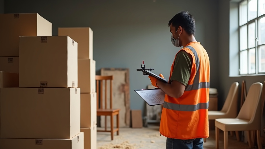 Independent QC inspector checking export furniture cartons in an Indonesian workshop